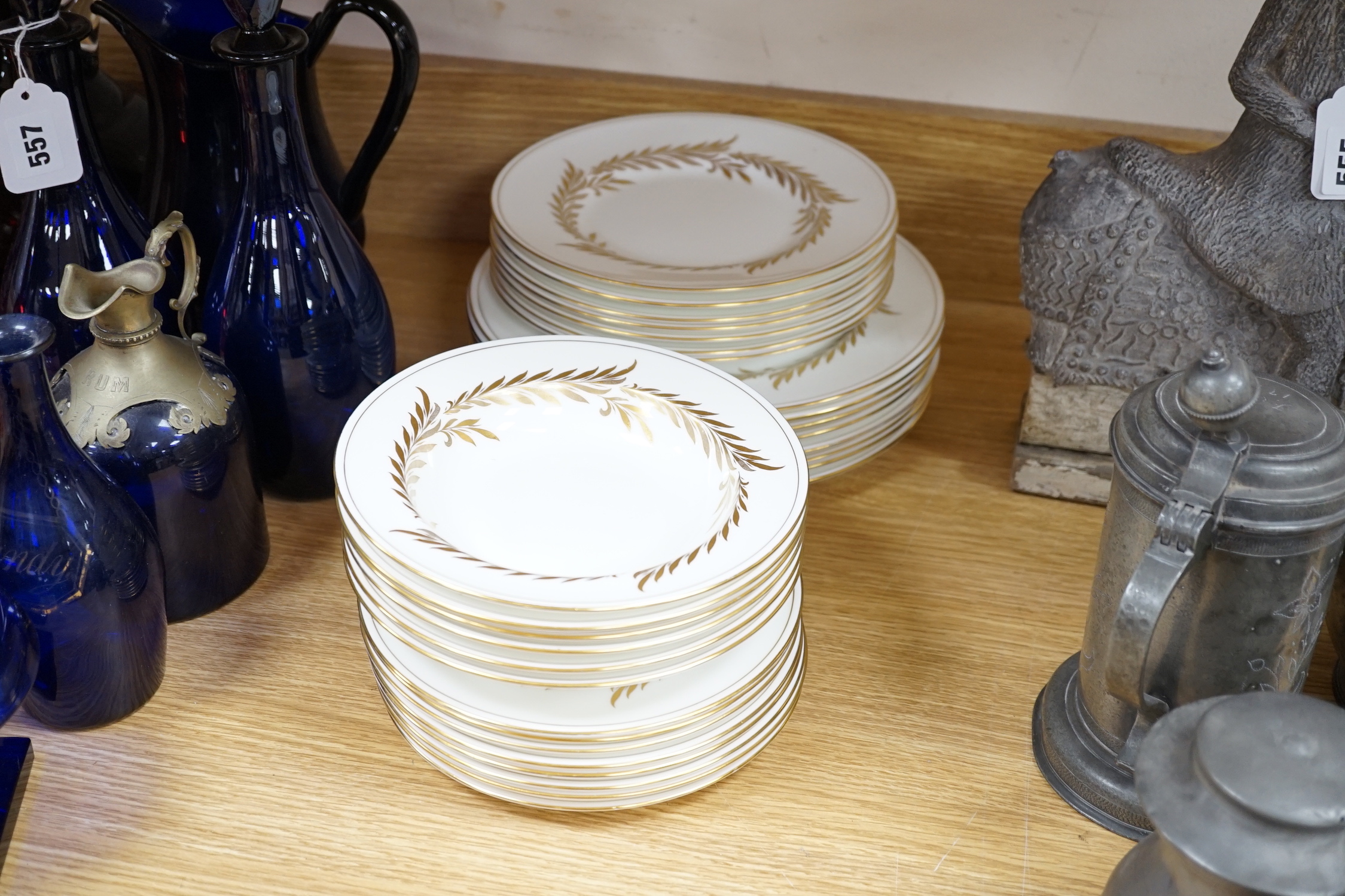A Minton Malta pattern part dinner service comprising a lidded tureen, dinner plates, side plates, bowls, etc. (32)